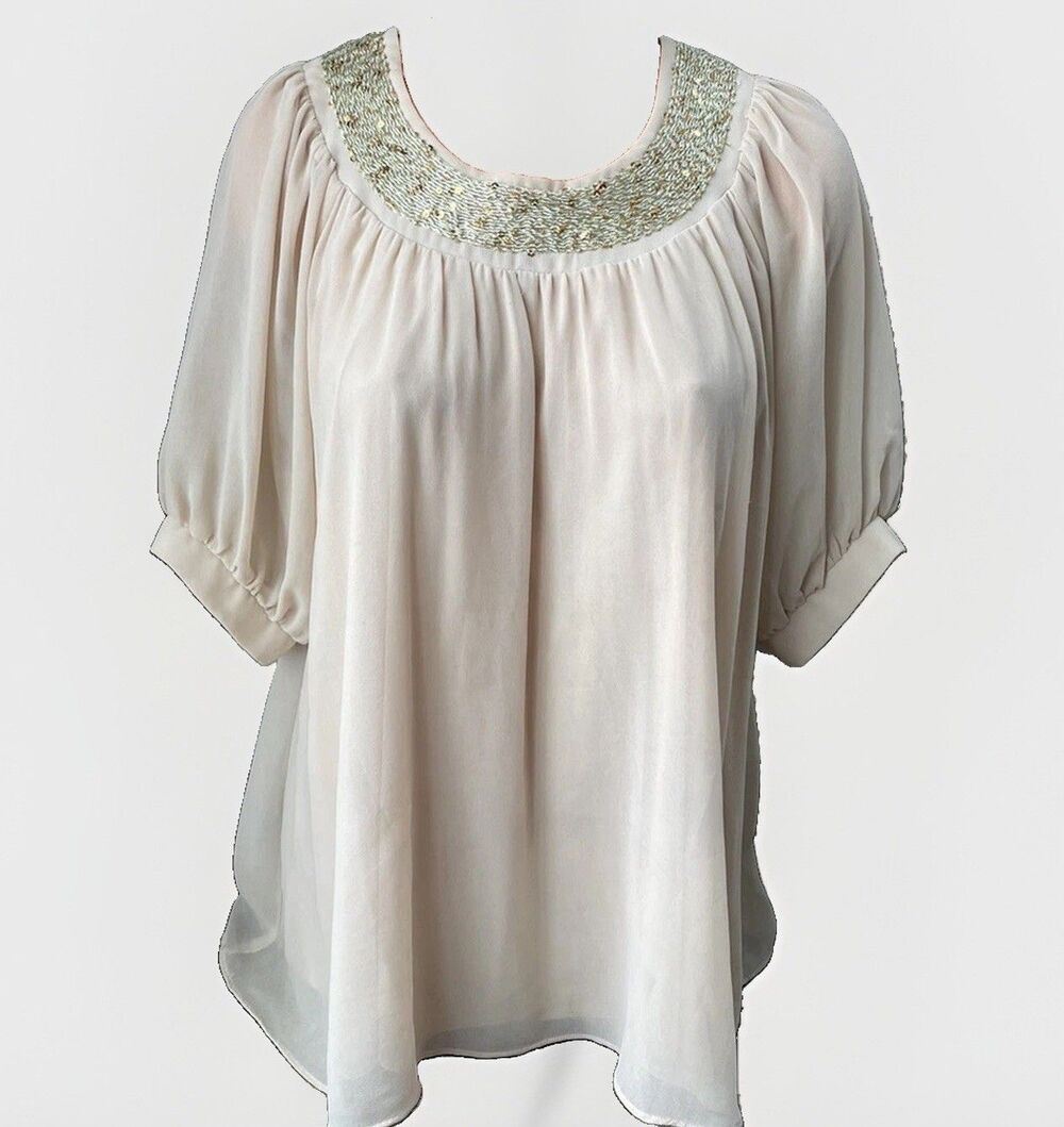 Alice Moon Ivory Ethereal Flowy Top Size S Sequin Embroidered Blouse Angelic